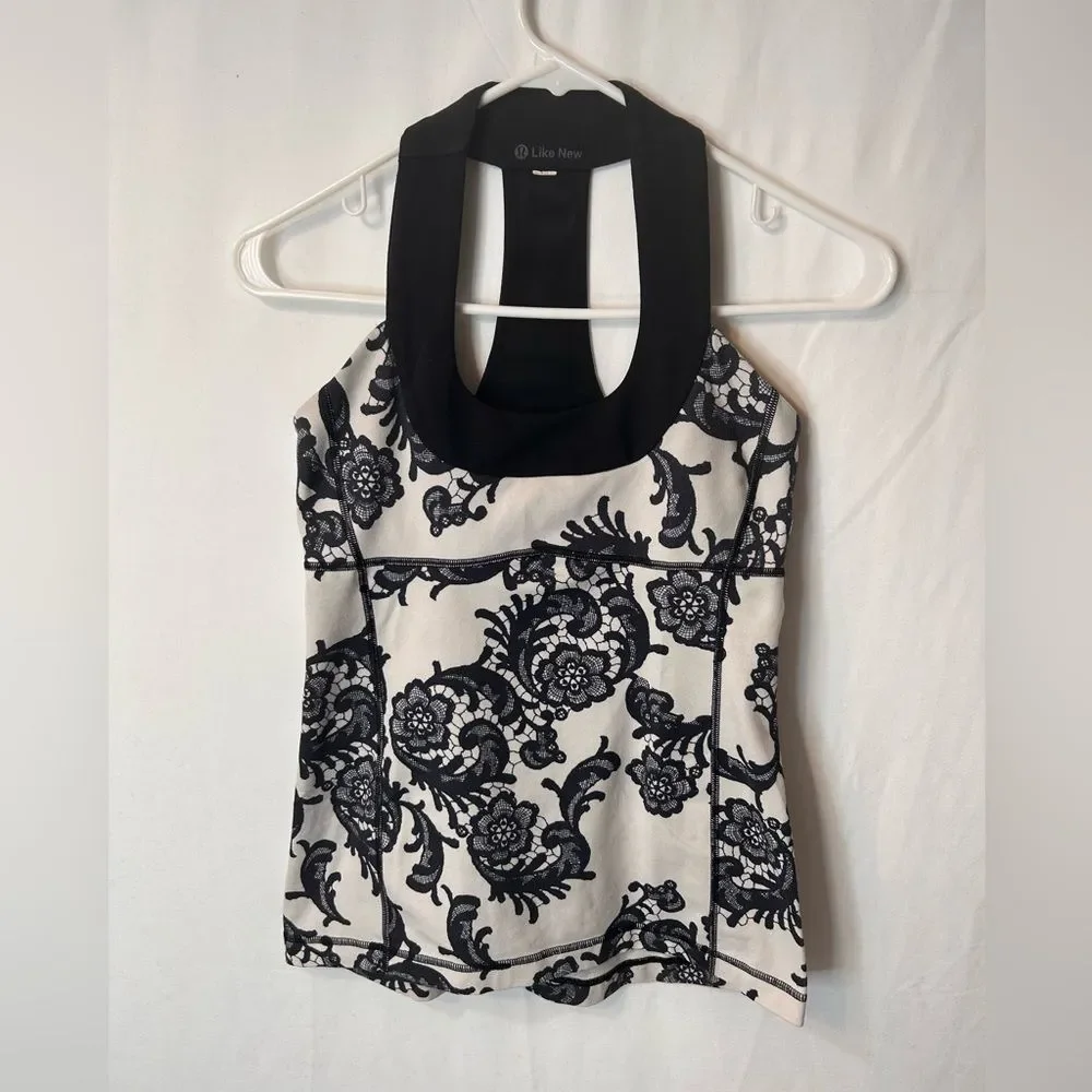 Lululemon Athletica Laceoflage WorkOut Scoop NeckTank Top Black Crème Floral SZ6